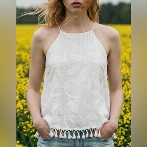 Anthropologie InTu Feather Embroidered Tassel-Hem Halter Tank Top